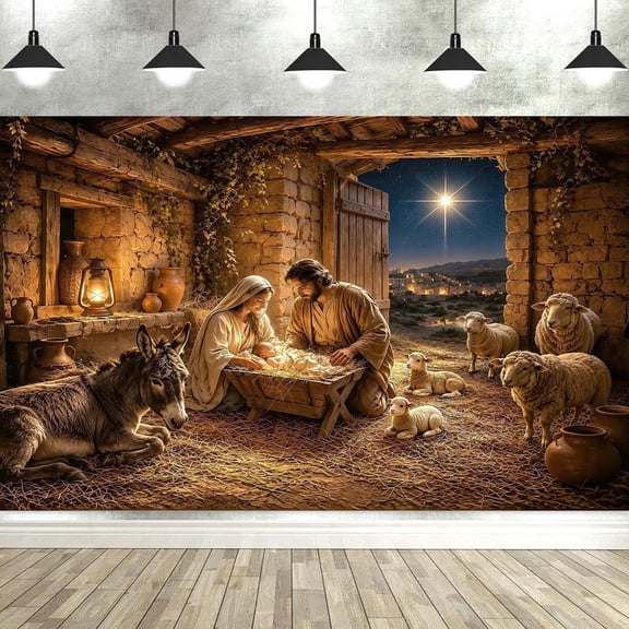 10X8ft Christmas Nativity Scene Photography Backdrop Birth of Jesus Banner, Holy Night Manger Religious Jesus Christian Xmas Background Church Event Party Decor Banner Photo Booth Studio Props