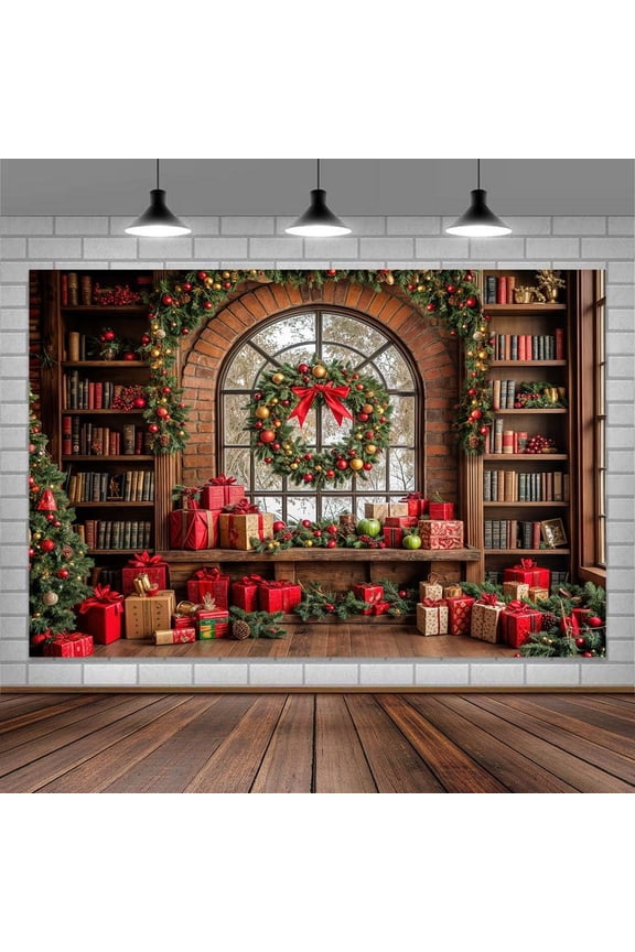 10X8ft Christmas Window Backdrop Green Xmas Pine Tree Gifts Background Winter Snow Scene Holiday Wonderland Snowflake Photography Background Forest Christmas Party Decoration Photo Studio Props