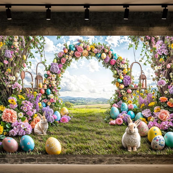 10X8ft Easter Garden Backdrop Flower Arch Colorful Eggs Bunny Rabbits Green Grass Photography Background Party Decorations Kid Birthday Baby Shower Portrait Photo Props