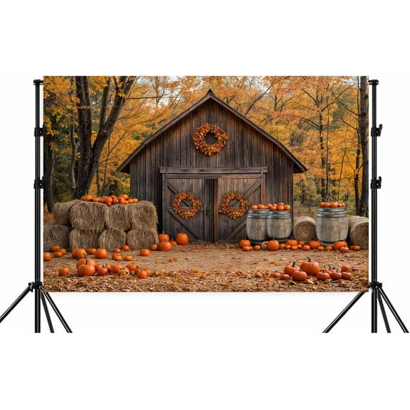 10X8ft Fall Barn Wood Door Photography Backdrop Autumn Western Forest Rustic Pumpkin Harvest Hay Natural Scenery Maple Leaves Farm Wooden Barrel Harvest Banner Decoration Studio Props Backdrop