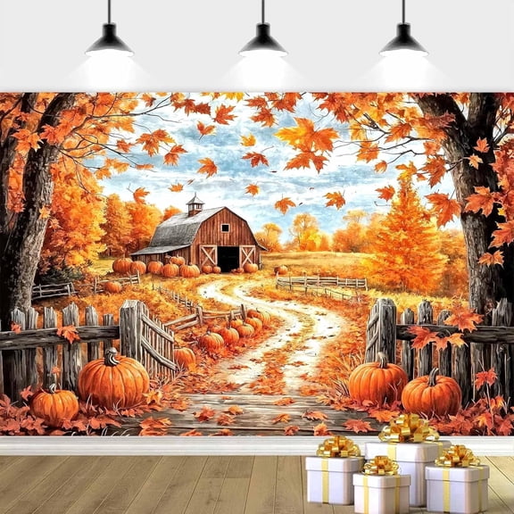 10X8ft Fall Thanksgiving Backdrop, Autumn Pumpkin Harvest Background Maple Leaves Forest Path Backdrop Vinyl Fall Farm Natural Scenery Background Banner Decor Photo Studio Props
