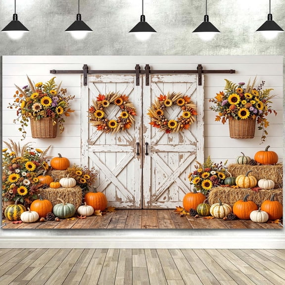 10X8ft Fall Thanksgiving Backdrop, Rustic Barn Door with Pumpkins, Sunflowers Hay Bales Photography Background for Autumn Harvest Thanksgiving Party Family Photo Studio Props