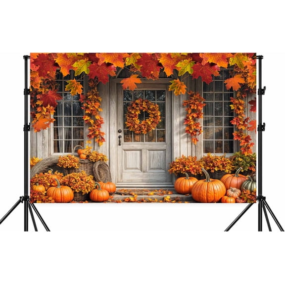 10X8ft Fall White Wood Door Photography Backdrop Autumn Western Forest Window Rustic Yellow Pumpkin Harvest Hay Natural Scenery Maple Leaves Harvest Banner Decoration Studio Props Party Backdrop