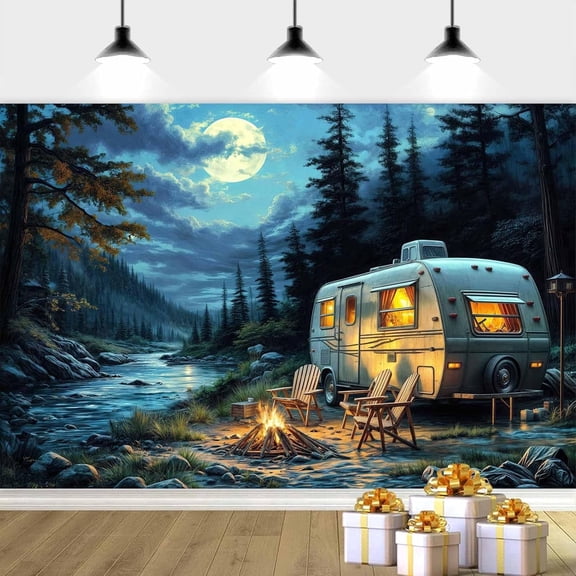 10X8ft Forest Scene Camping Backdrop, Night Scene Camping Photo Backdrop Adventure Theme Background Campfire Party Decorations Birthday Party Baby Shower Banner Photo Booth Props, Blue