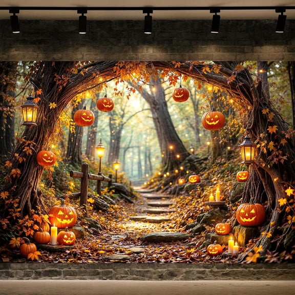 10X8ft Halloween Backdrop, Spooky Enchanted Forest Pumpkin Archway Path Photography Background, Autumn Fall Glowing Pumpkin Lantern Backdrop for Halloween Party Photoshoot Indoor Outdoor Supplies