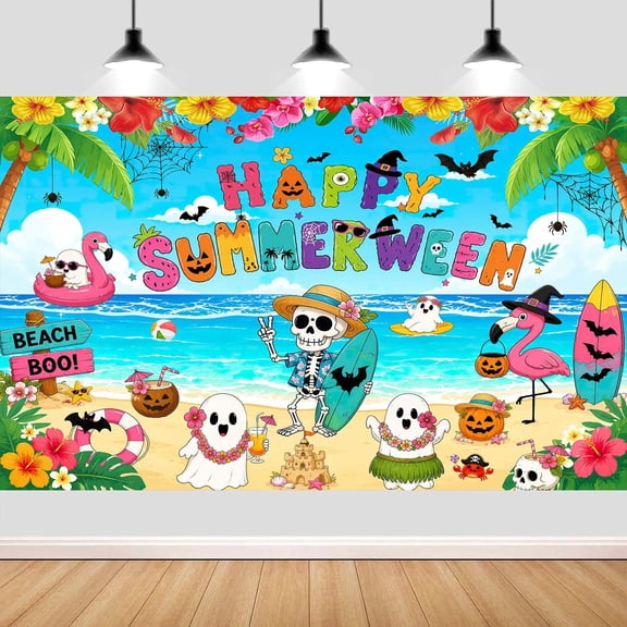 10X8ft Happy Summerween Backdrop, Summer Halloween Party Background Tropical Beach Skeleton Ghost Flamingo Photography Backdrop for Kids Summerween Party Decorations Photo Studio Props