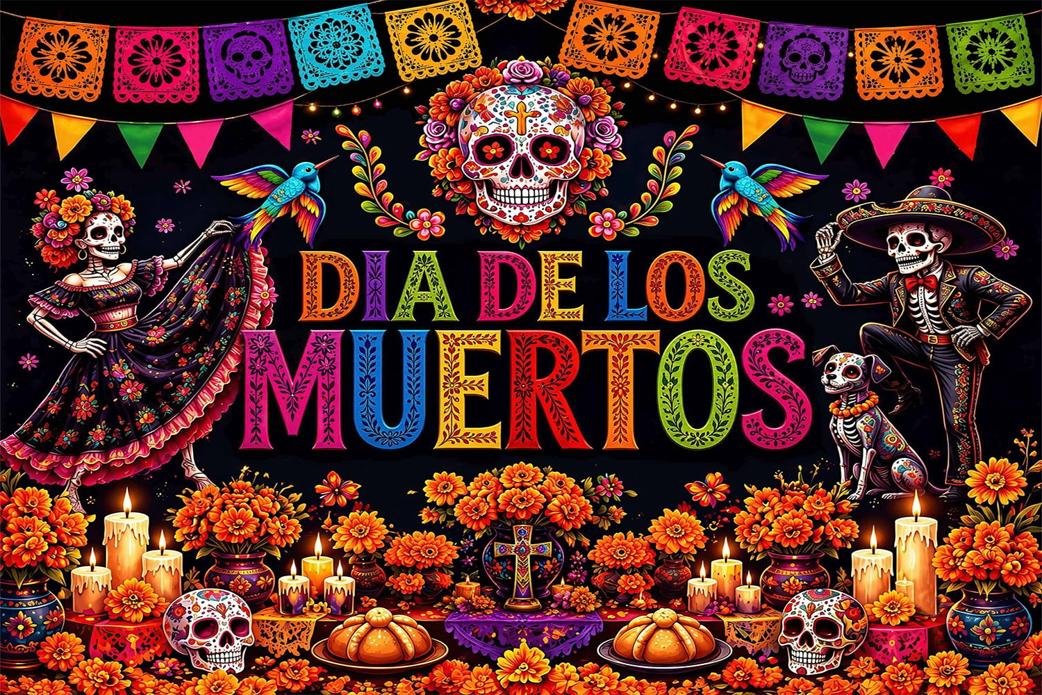 10X8ft Mexican Day of the Dead Backdrop Dia de Los Muertos Photo