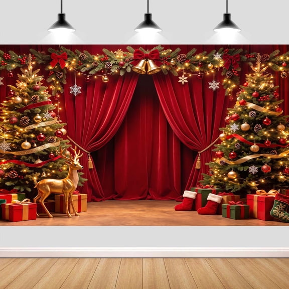 10X8ft Red Christmas Stage Backdrop Winter Holiday Party Decor Deer Xmas Trees Christmas Stage Photography Background Photo Booth Studio Props Winter Indoor Wall Decor Banner