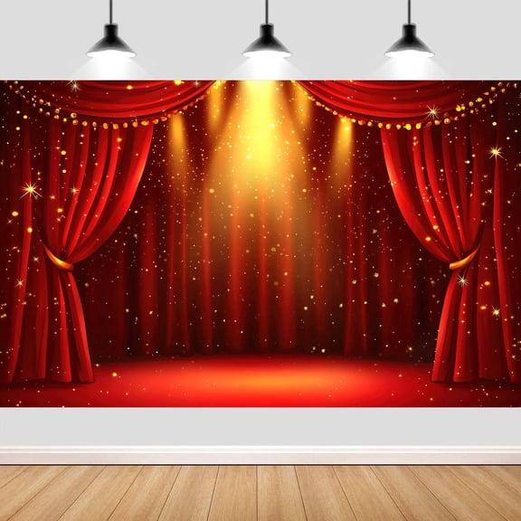 10X8ft Red Stage Curtain Photography Backdrop Gold Spotlight Glitter Stars Background for Wedding Birthday Party Stage Show Wall Decor