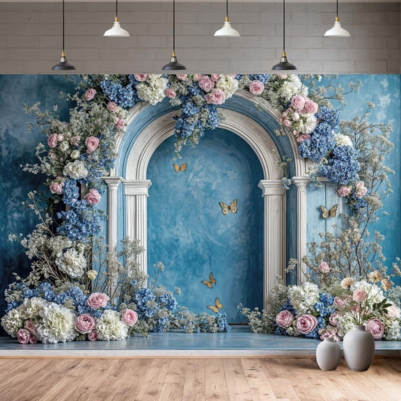 10X8ft Retro Blue Flower Backdrop Blue Hydrangea Floral Butterfly Arch Photography Backdrops European Style Bridal Shower Party Banner for Interior Portrait Photoshoot Photo Booth Wallpaper Decor