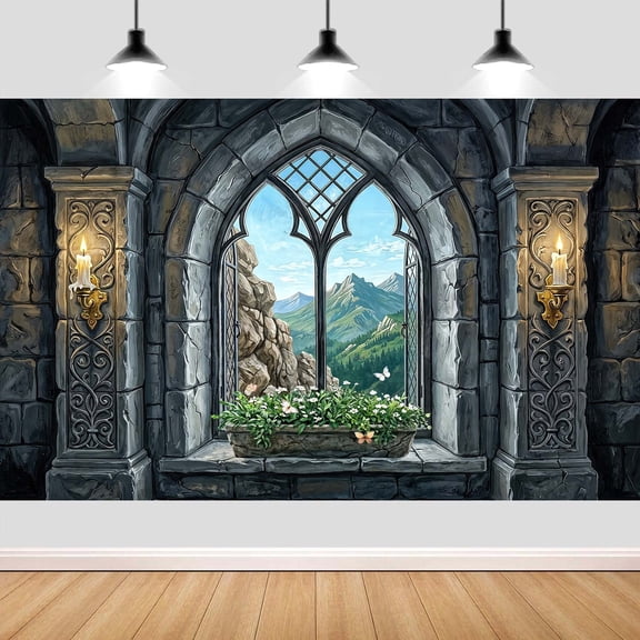 10X8ft Vintage Medieval Castle Photography Backdrop, Gothic Window Candlelight Background for Wedding Birthday Party Studio Wall Decor