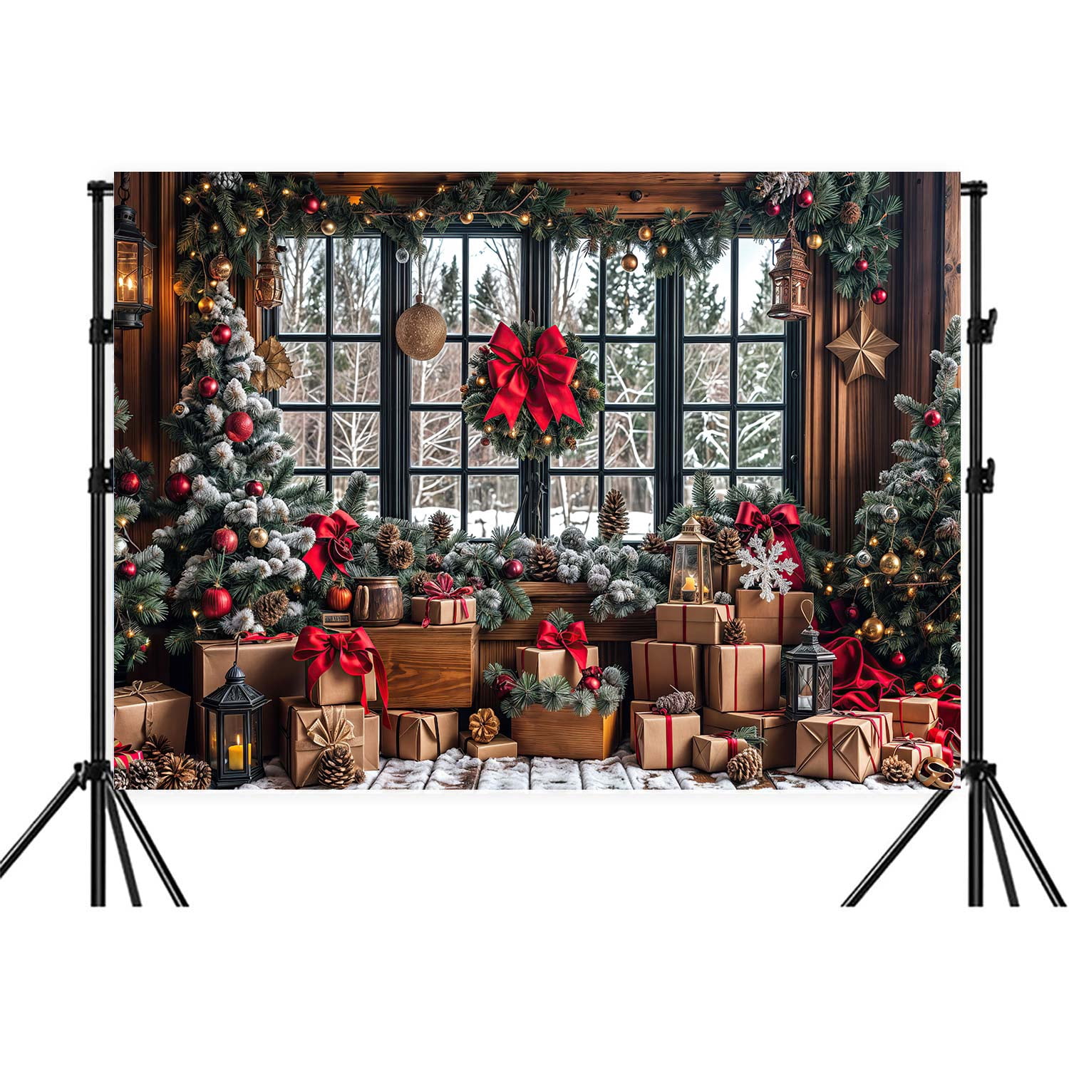 10X8ft Winter Christmas Photography Backdrop Red Xmas Tree Snow Rustic ...