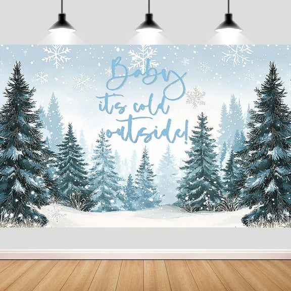 10X8ft Winter Forest Baby Shower Backdrop, Baby It's Cold Outside Party Decorations Pine Tree Snowflakes Backdrop, Winter Photography Background Newborn Photo Booth Props Banner