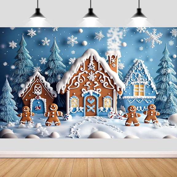 10X8ft Winter Gingerbread House Backdrop, Christmas Snowflake Pine Tree Merry Xmas Party Decorations Photography Background, Blue Cookie House Gingerbread Boy Baby Shower Birthday Banner Photo Props