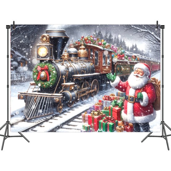 10X8ft Winter Night Christmas Train Backdrop Green Xmas Claus Tree Gift Snowflake Party Decorations Photography Background Winter Wonderland Santa Claus Photo Shoot Booth Props