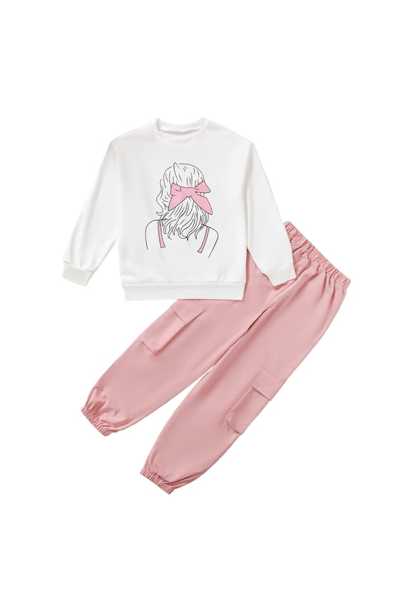 10Y Big Girls Clothes 10 Years Girls Pant Sets Big Girls Long Sleeve Round Neckline Top Pants 2PCS Set Pink