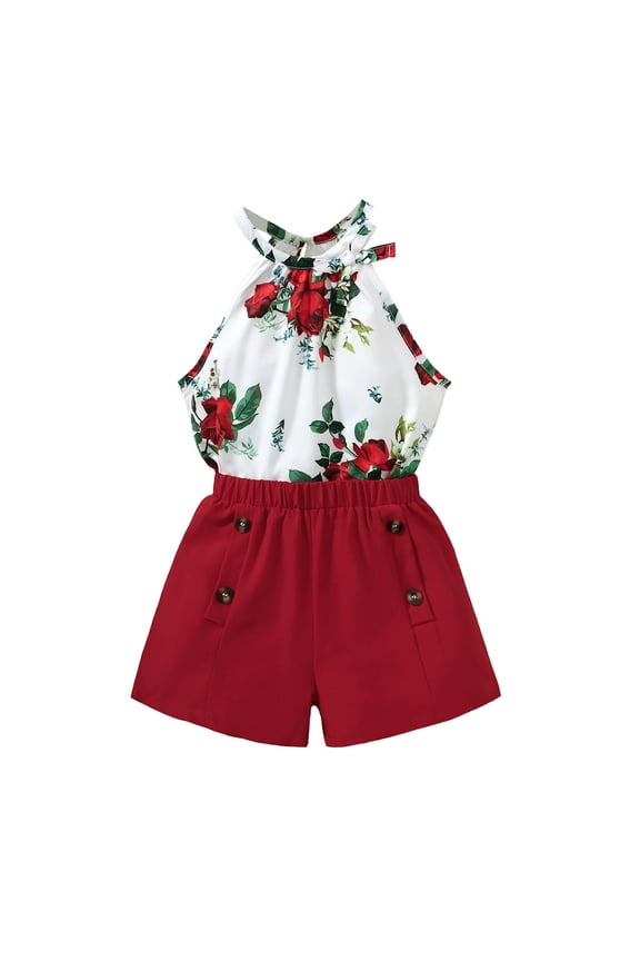 10Y Big Girls Clothes Big Girls Outfits 10Y Girls Sleeveless Floral Top Shorts 2PCS Girls Summer Clothing Set Red