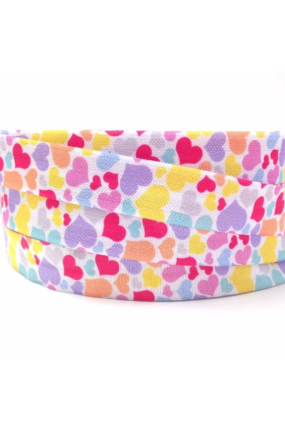 10Yards 16mm Cute Heart Print Fold Over Elastic Stretchy Heat Transfer Print Elastic Ribbon Gift Wrapping Craft Hair Accessories