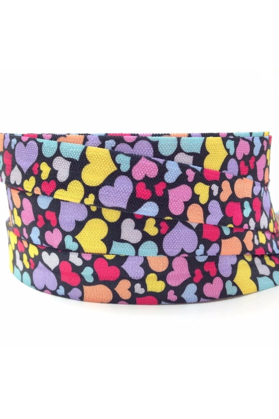 10Yards 16mm Cute Heart Print Fold Over Elastic Stretchy Heat Transfer Print Elastic Ribbon Gift Wrapping Craft Hair Accessories