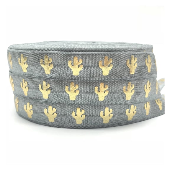 10Yards 16mm Gold Foil Cactus Printed Fold Over Elastic Ribbon Webbing for Craft DIY Headwear Hair Tie Gift Wrapping