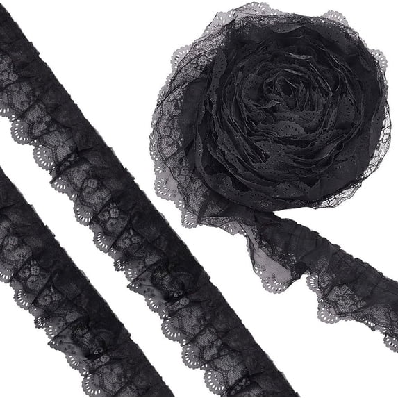 10Yards 3-Layer Pleated Chiffon Flower Lace Trim Black Organza Lace Edge Trim Polyester Ribbon for Jewelry Making