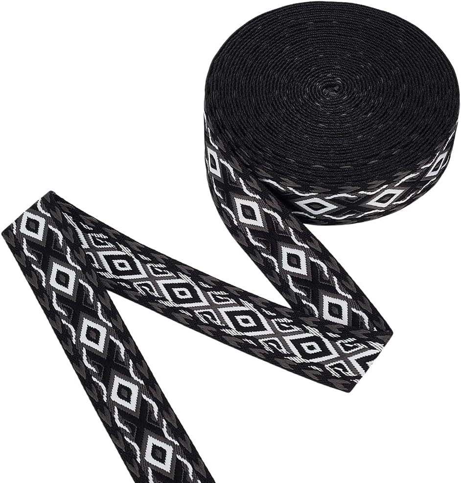 10Yards/9.1m Polyester Webbing Strap 1-1/2 inch Wide Black Color Ethnic Style Double Sides Rhombus Polyester Ribbon Sewing Embellishment