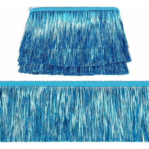 10Yards Deep Sky Blue Wide Metallic Fringe Trim 4Inch Wide Shiny Tinsel Fringe Tinsel Trim Tassel Polyester Ribbon Trim for Dance Costume Dress Stage Clothes Party Decor DIY BlueDIY