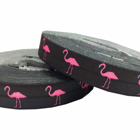 10Yards Pink Flamingo Printed Fold Over Elastic Black Ribbon Clothing Accessories Craft DIY Headwear Elastic Band Gift Wrapping