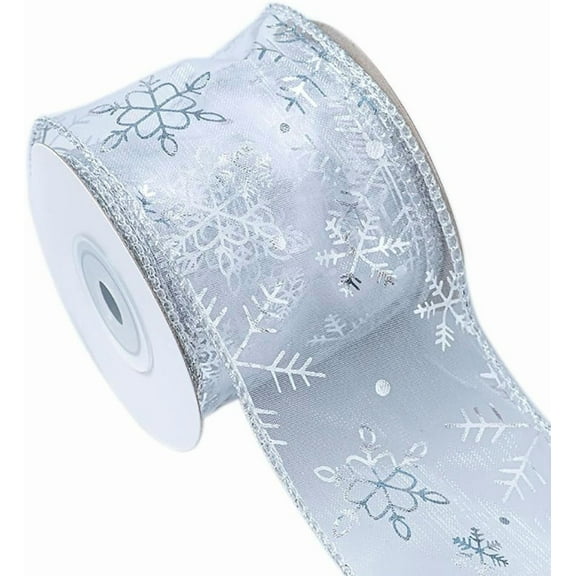 10Yards Snowflake Glitter Wired Ribbon, 2.48 Inch Organza Sheer Ribbon, Christmas Wired Ribbon for Xmas Tree, Wreath, Party Decoration, Gift Wrapping