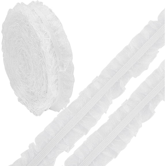 10Yds Elastic Stretch Lace Trim 1 Inch White Double Ruffle Pleated Satin Organza Gathered Mesh Chiffon Lace Edge Fringe Trimmings Ribbon Appliques Patches for Dress Wedding Collars Decor