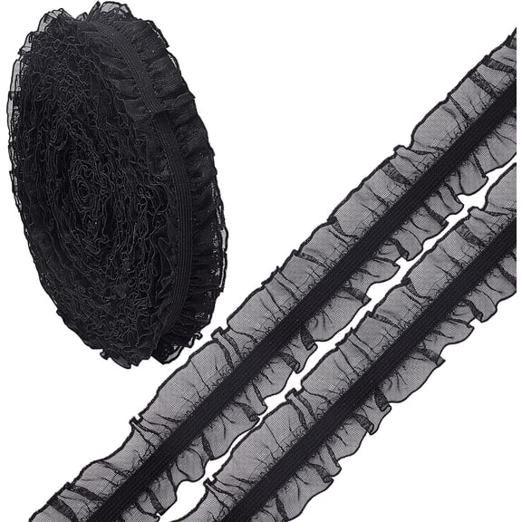 10Yds Organza Ruffled Pleated Lace Fabric Trim Ribbon 1 inch/25mm Black Double Satin Elastic Stretch Lace Edge Trimmings Gathered Ruffle Fringe Appliques Patches for Dress Wedding Collars diy