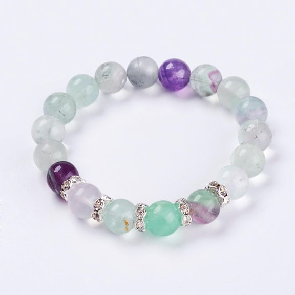 10boxes Natural Fluorite Stretch Bracelets with Rhinestone Spacer Beads 2 inch(52mm) 1strand/box