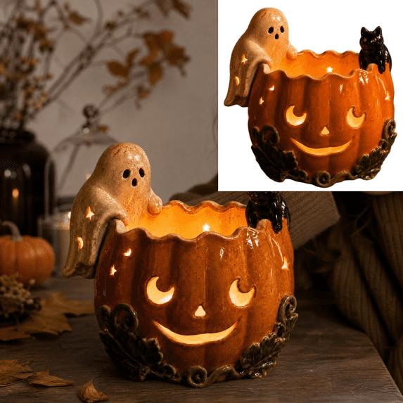 10cm Halloween Ghost Cat Pumpkin Candle Holder, Cute Tea Light Ornament, Resin Feline Festival Decor for Shelf Table Mantel Fall Party Home Decoration