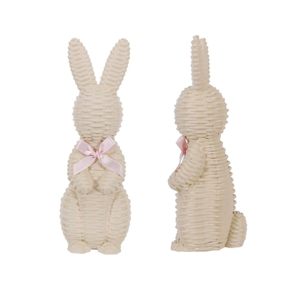 10cm Rattan Effect Resin Easter Bunny Figurine, Rustic Wicker Rabbit Statue with Pink Bow for Farmhouse Shelf Decor