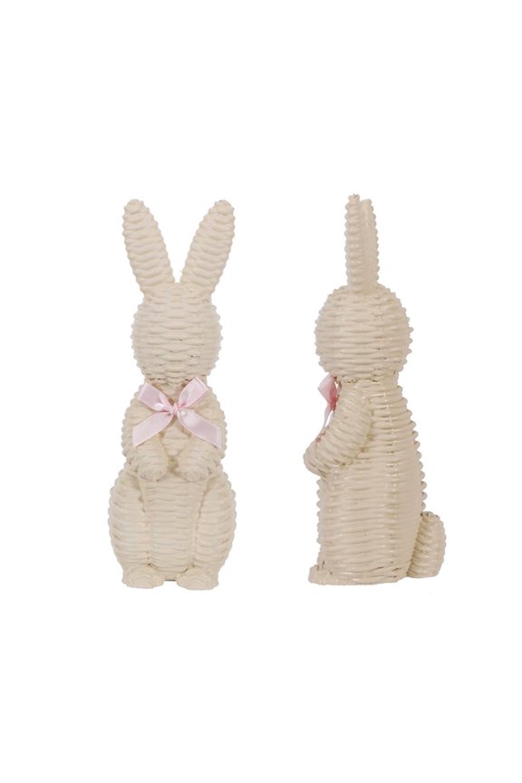 10cm Rattan Effect Resin Easter Bunny Figurine, Rustic Wicker Rabbit Statue with Pink Bow for Farmhouse Shelf Decor
