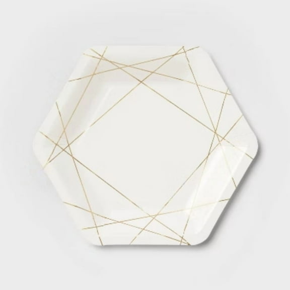 10ct Geo Print Hex Snack Plates Gold White -