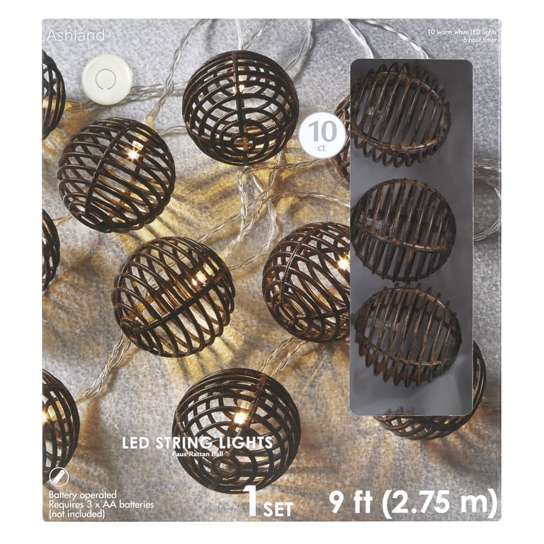 10ct. Warm White LED Faux Rattan Ball String Lights by Ashland 