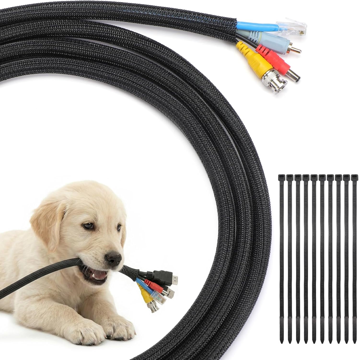 10ft - 1/2 inch Cable Sleeve Cord Protector, Split Braided Wire Loom Tubing for TV Computer USB Cable Organizer, Cable Management Cord Protectors from Pets no Chew, Black (with 10 Zip Ties)