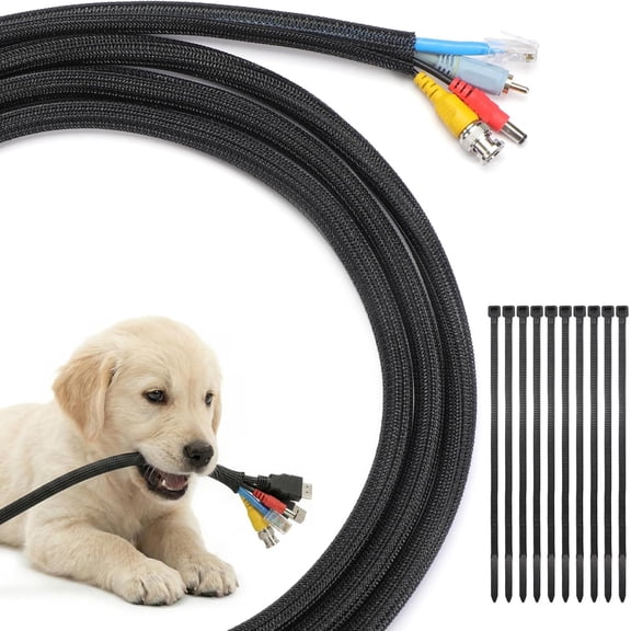 10ft - 1/2 inch Cable Sleeve Cord Protector, Split Braided Wire Loom Tubing for TV Computer USB Cable Organizer, Cable Management Cord Protectors from Pets no Chew, Black (with 10 Zip Ties)