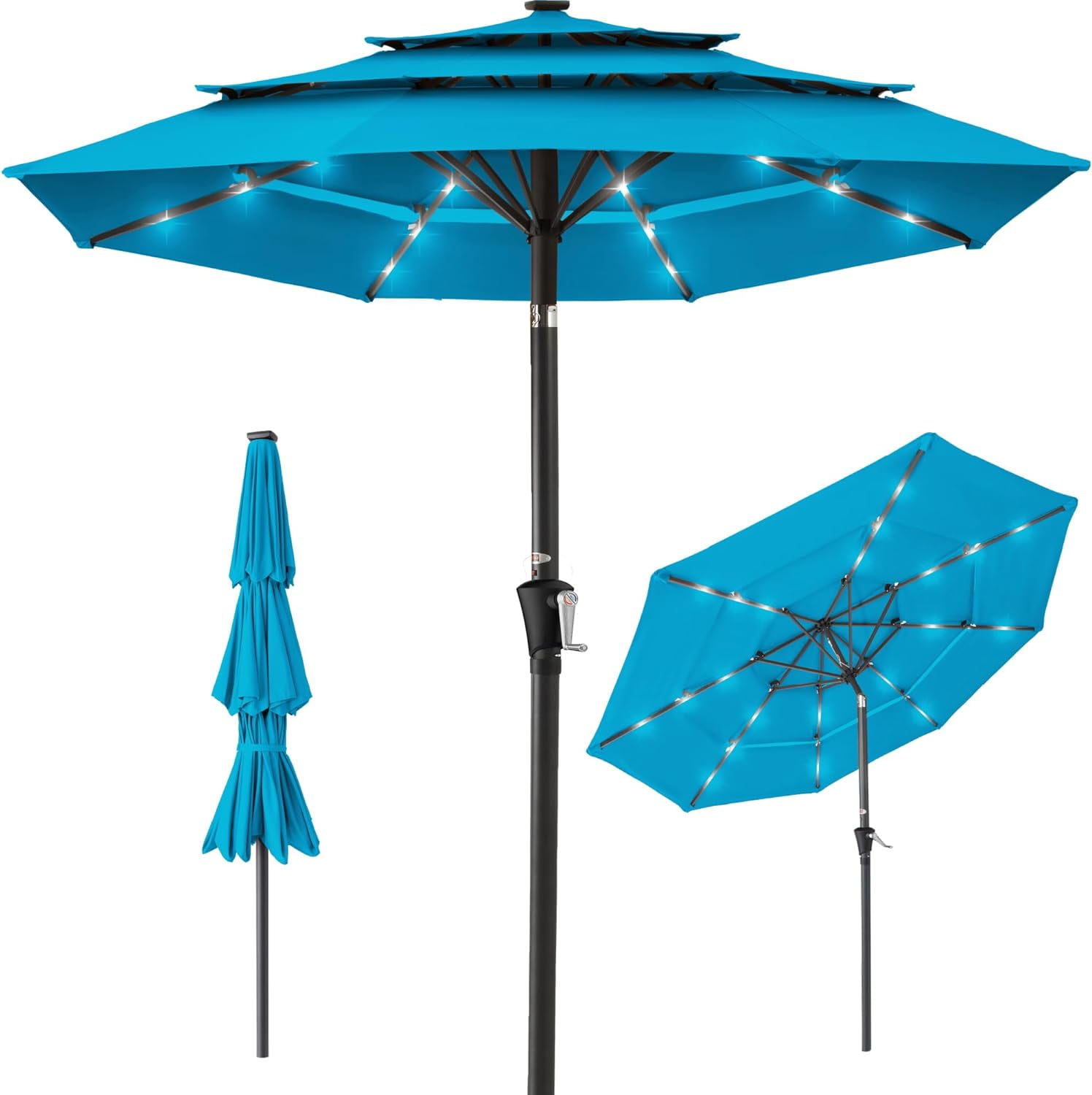 10ft 3Tier Solar Patio Umbrella, Outdoor Market Sun Shade for Backyard