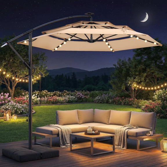 TASKBAY 10ft 3-Tiered Cantilever Patio Umbrella Solar LED Lighted, Hanging Offset Market Outdoor Sun Shade with Base Stand for Beach, Backyard, Deck, Poolside, Beige