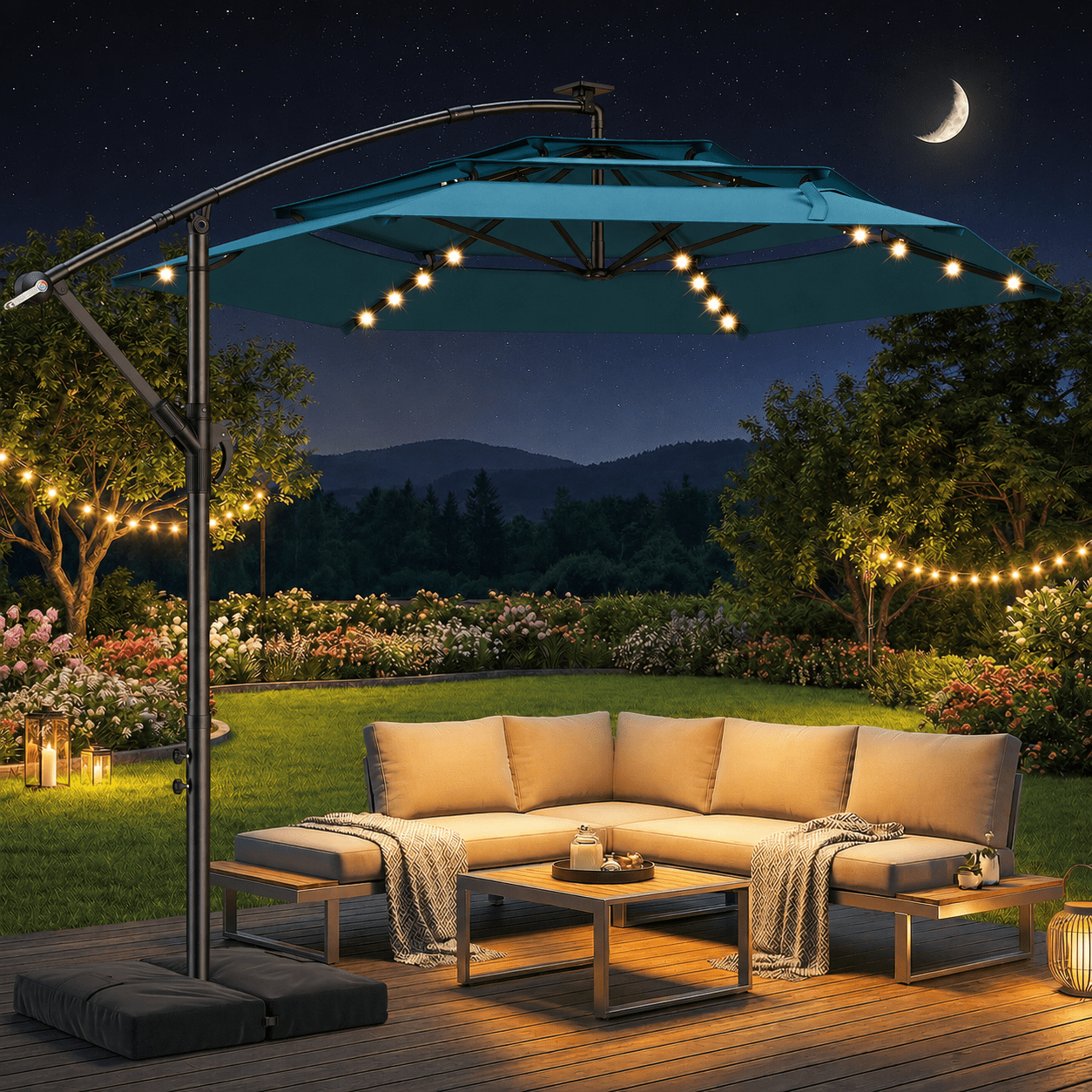 led patio offset umbrella 10FT Square Cantilever 32 Solar Lights Find the perfect angle TASKBAY 10ft 3-Tiered Cantilever Patio