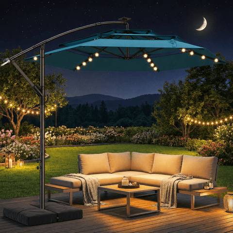 TASKBAY 10ft 3-Tiered Cantilever Patio Umbrella Solar LED Lighted, Hanging Offset Market Outdoor Sun Shade with Base Stand for Beach, Backyard, Deck, Poolside, Blue