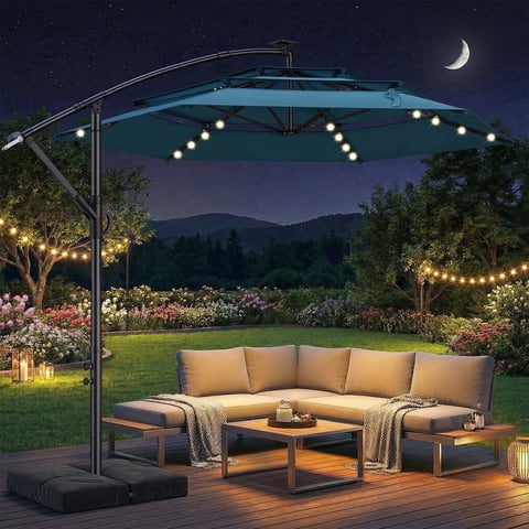 TASKBAY 10ft 3-Tiered Cantilever Patio Umbrella Solar LED Lighted, Hanging Offset Market Outdoor Sun Shade with Base Stand for Beach, Backyard, Deck, Poolside, Blue