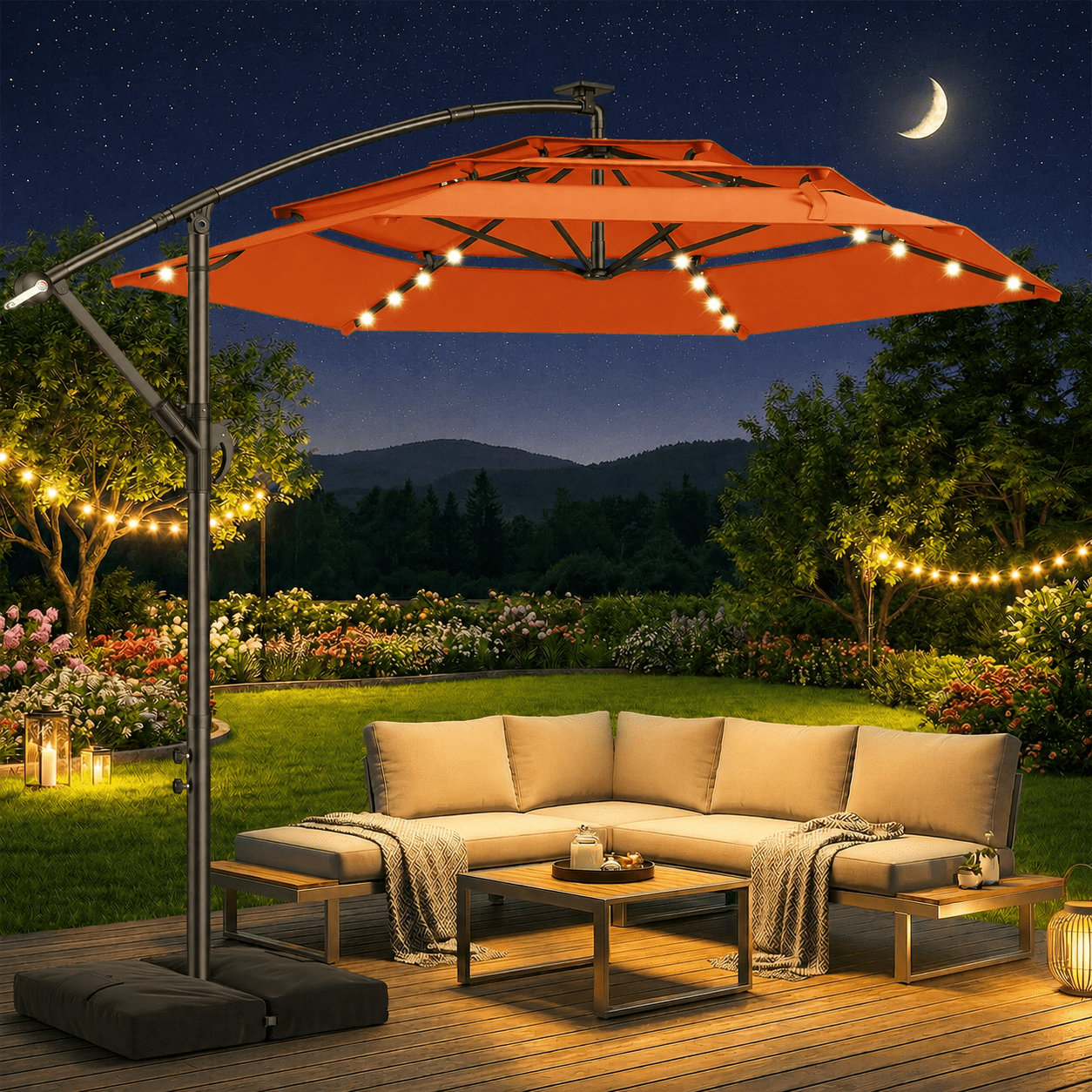 cantilever solar led offset patio umbrella Sunnyglade 10x13ft Powered Square Deluxe Umbrella 360°Rotation & Integrated Tilting System & LED lights for Market Garden Deck Pool Backyard Patio : Patio, Lawn A handy switch lets you control the atmosphere TASKBAY 10ft 3-Tiered Cantilever Patio