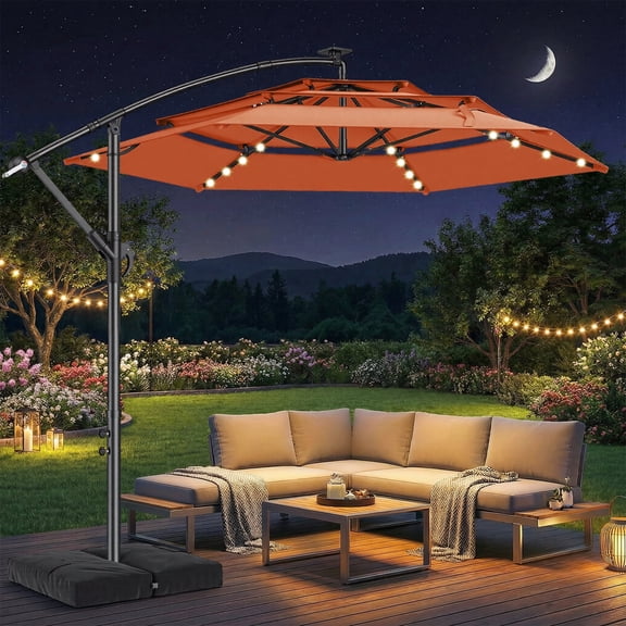 TASKBAY 10ft 3-Tiered Cantilever Patio Umbrella Solar LED Lighted, Hanging Offset Market Outdoor Sun Shade with Base Stand for Beach, Backyard, Deck, Poolside, Orange