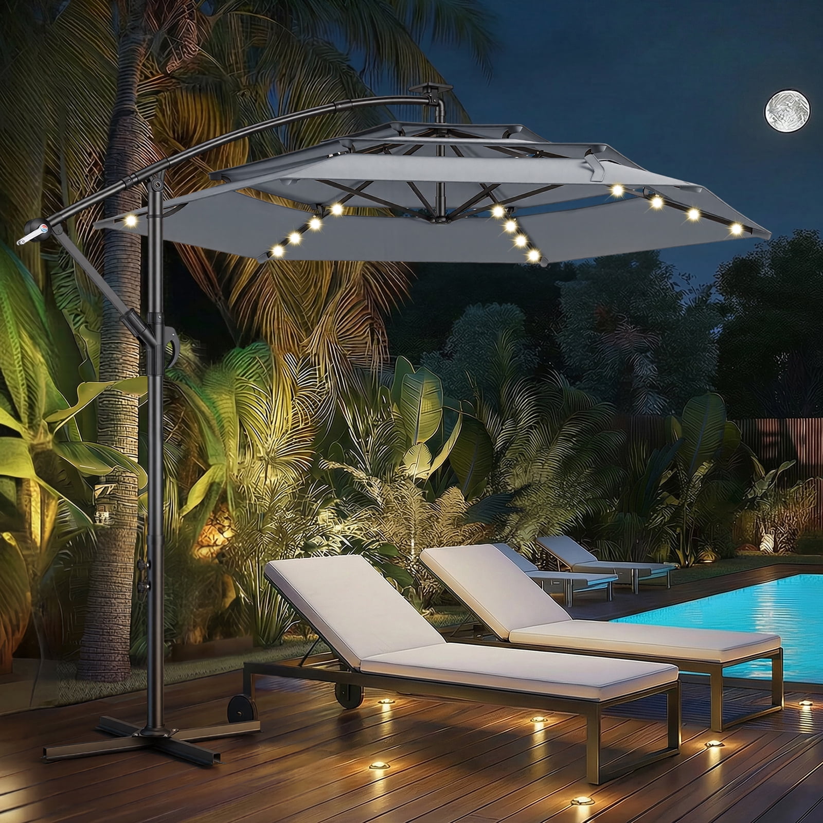 led offset patio umbrella Cantilever with Solar Lights and premium polyester fabric that is sun protective 10x6.5 ft Solar LED Offset