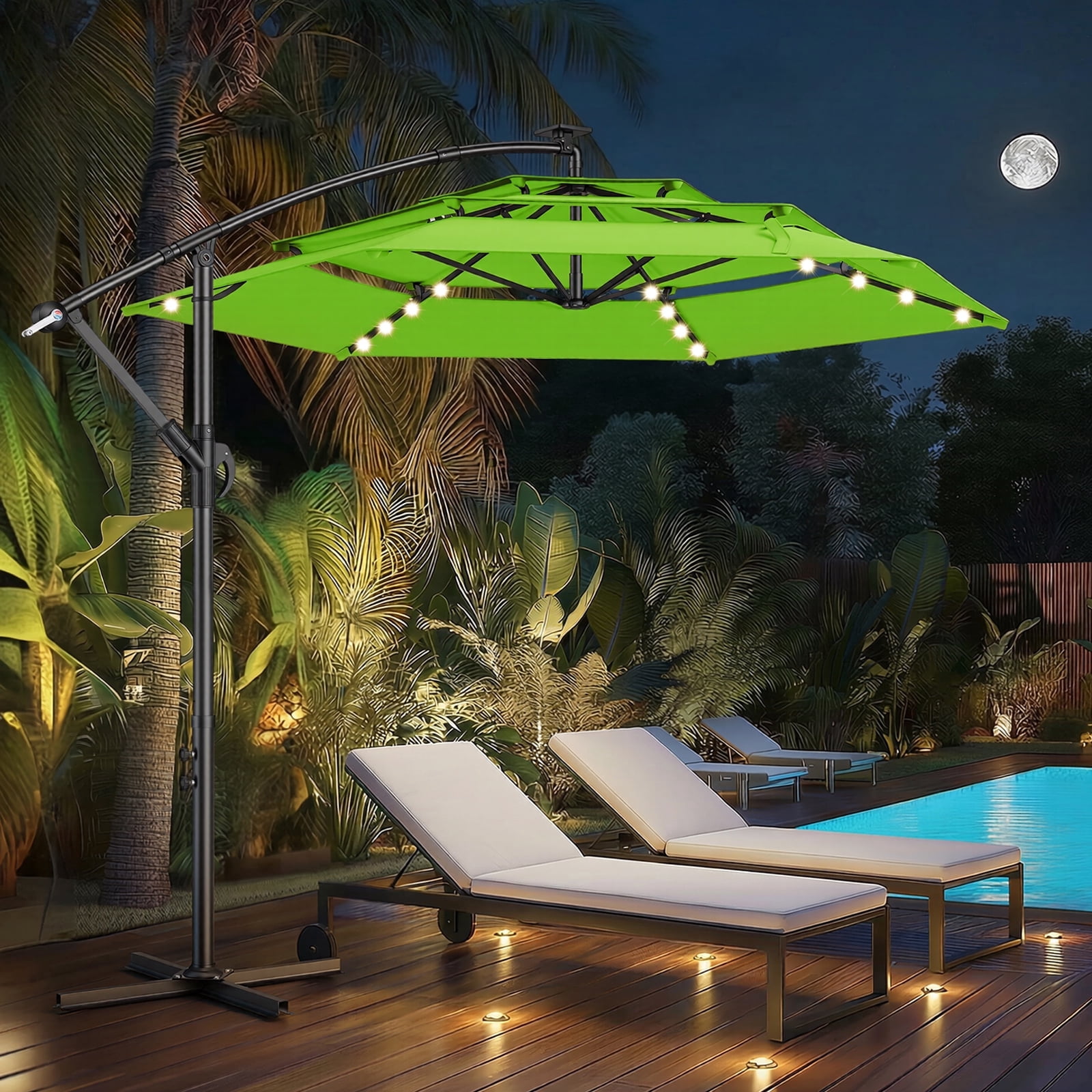 green lighted patio umbrella EliteShade 9ft Three-Tier Solar LED Market – Eurmax has six steel ribs with solar powered LED lights Funsite Patio Umbrella with Solar