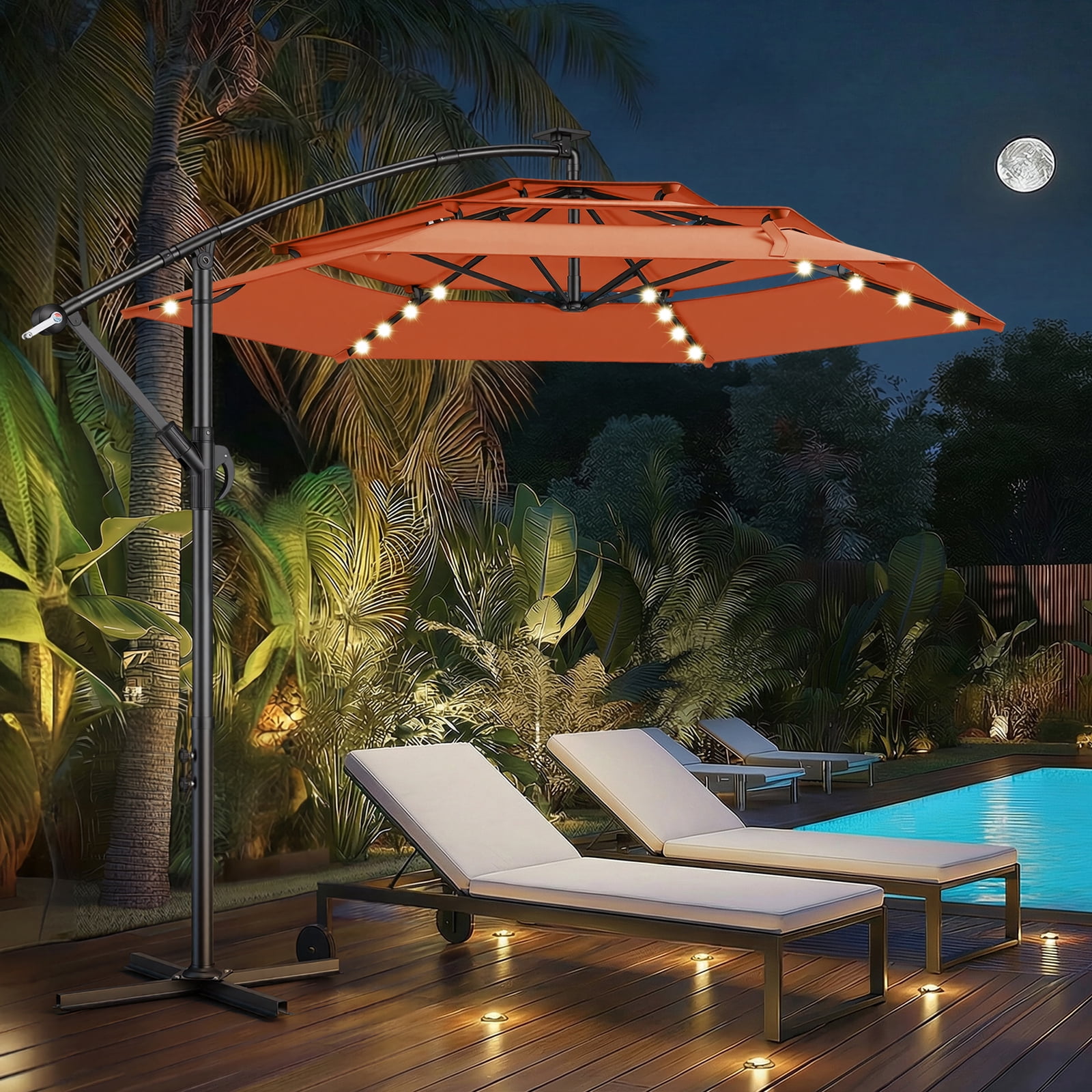 10 market patio umbrella Garvee ft Solar Umbrella, 40 LED Outdoor with Crank Lift, Push-Button Tilt, 8 Steel Ribs & Vented Canopy, Tan Supported by a sturdy 8 ACEGOSES 10-ft Steel Beige Push-button