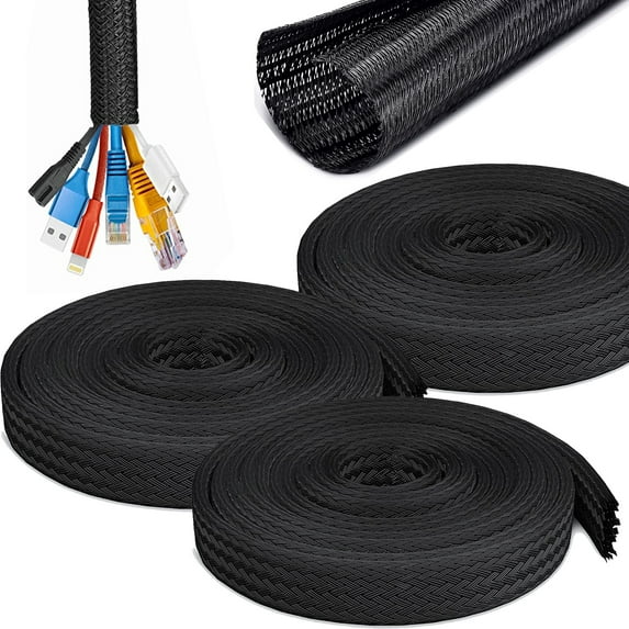 10ft(3Rolls) - 2/5 inch Cord Protector Wire Loom Tubing Cable Sleeve Split Sleeving for USB Cable Power Cord Audio Video Cable – Protect Cat from Chewing Cords - Black